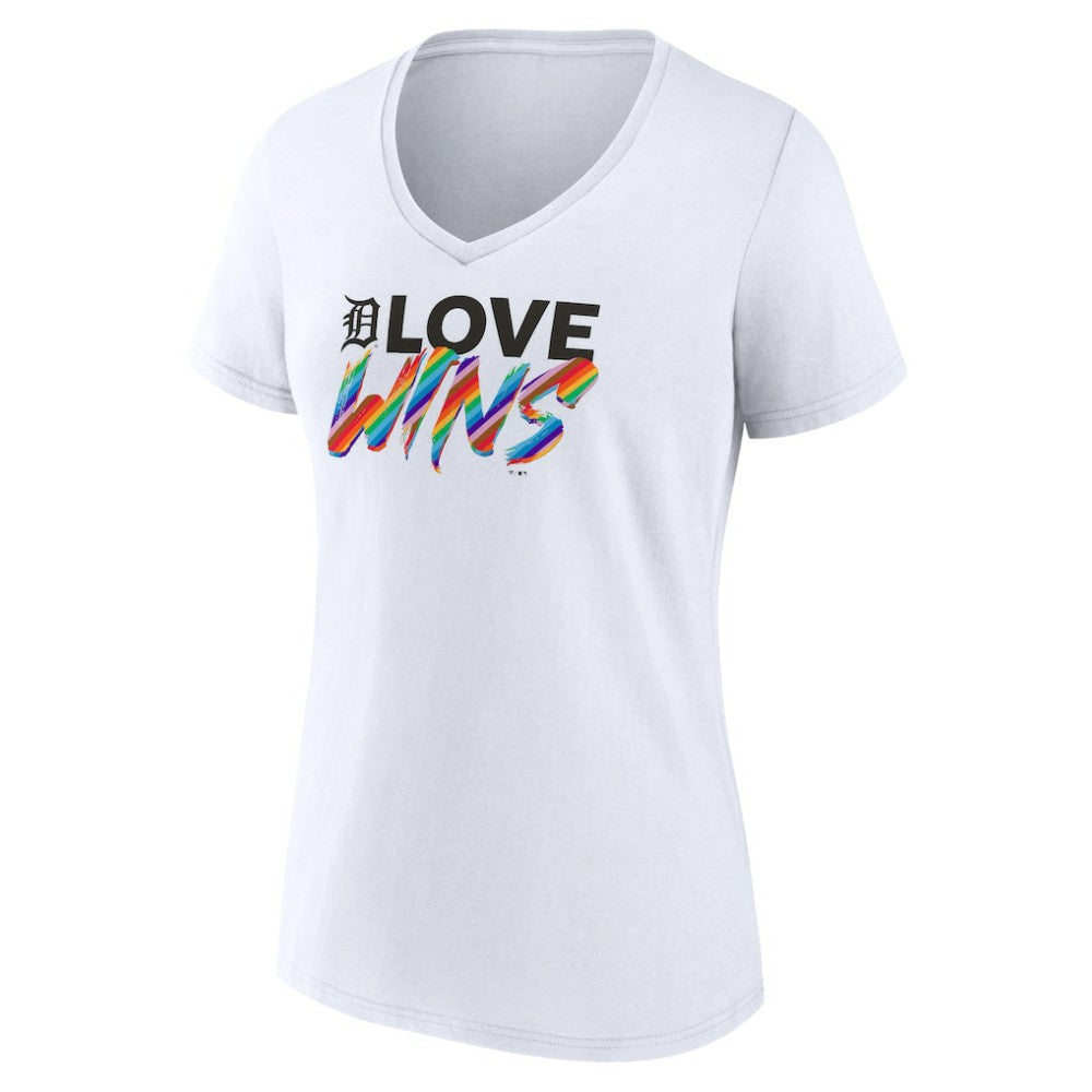 White Detroit Tigers Women's Love Wins V-Neck T-Shirt