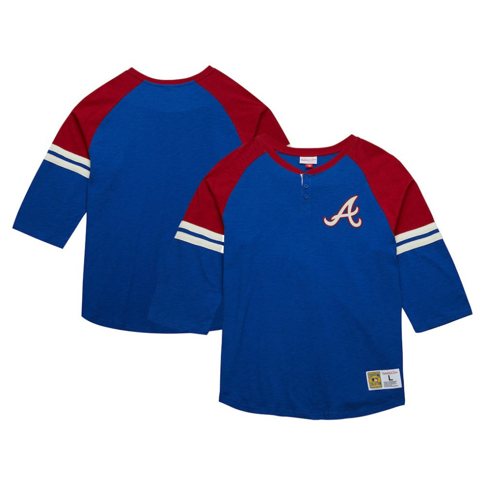 Royal Atlanta Braves Mitchell & Ness Cooperstown Collection Legendary Raglan Slub Henley 3/4-Sleeve T-Shirt