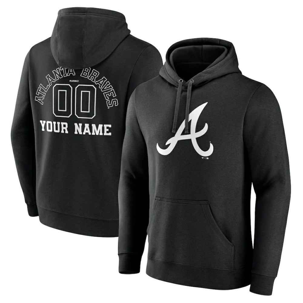 Black Atlanta Braves Monochrome Personalized Name & Number Pullover Hoodie