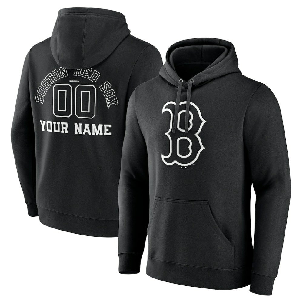 Black Boston Red Sox Monochrome Personalized Name & Number Pullover Hoodie