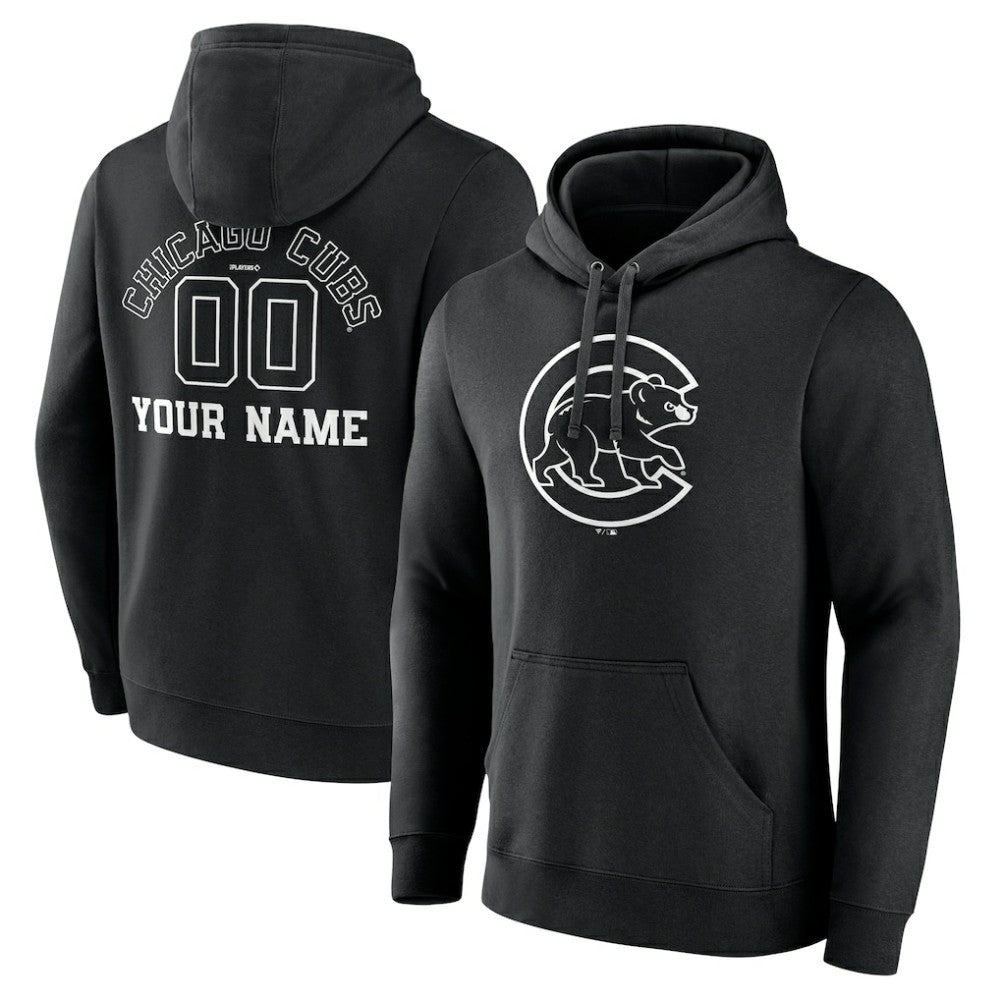 Black Chicago Cubs Monochrome Personalized Name & Number Pullover Hoodie