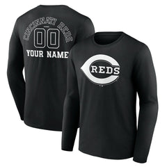 Black Cincinnati Reds Monochrome Personalized Name & Number Long Sleeve T-Shirt