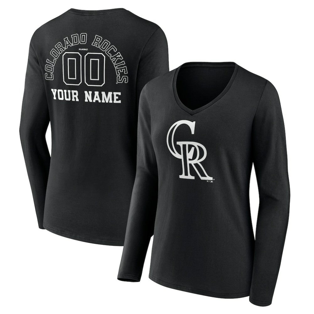 Black Colorado Rockies Women's Monochrome Personalized Name & Number Long Sleeve V-Neck T-Shirt
