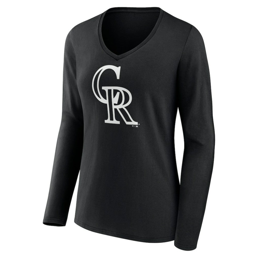 Black Colorado Rockies Women's Monochrome Personalized Name & Number Long Sleeve V-Neck T-Shirt