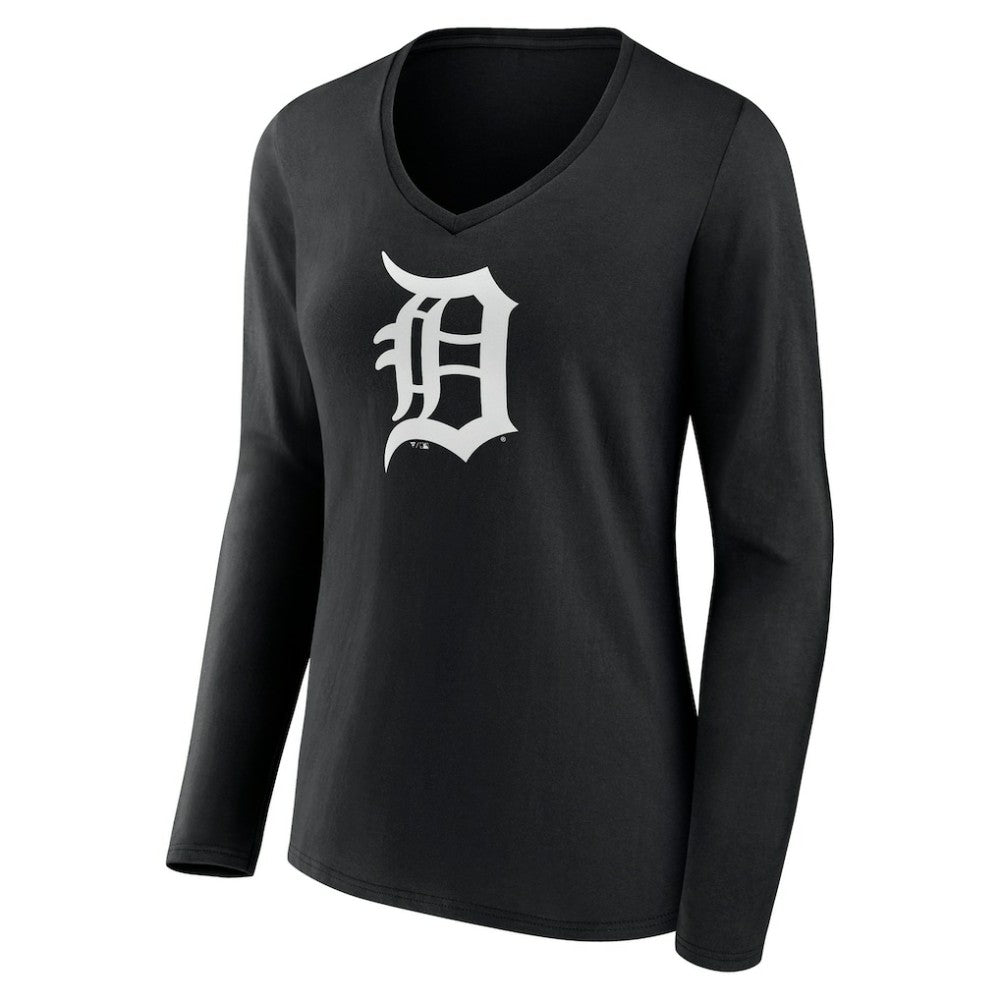 Black Detroit Tigers Women's Monochrome Personalized Name & Number Long Sleeve V-Neck T-Shirt