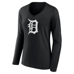 Black Detroit Tigers Women's Monochrome Personalized Name & Number Long Sleeve V-Neck T-Shirt