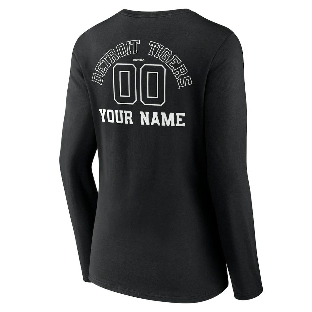 Black Detroit Tigers Women's Monochrome Personalized Name & Number Long Sleeve V-Neck T-Shirt