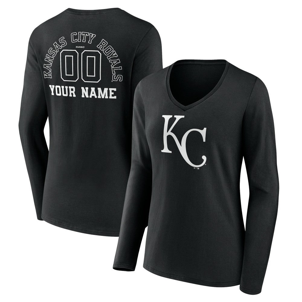 Black Kansas City Royals Women's Monochrome Personalized Name & Number Long Sleeve V-Neck T-Shirt