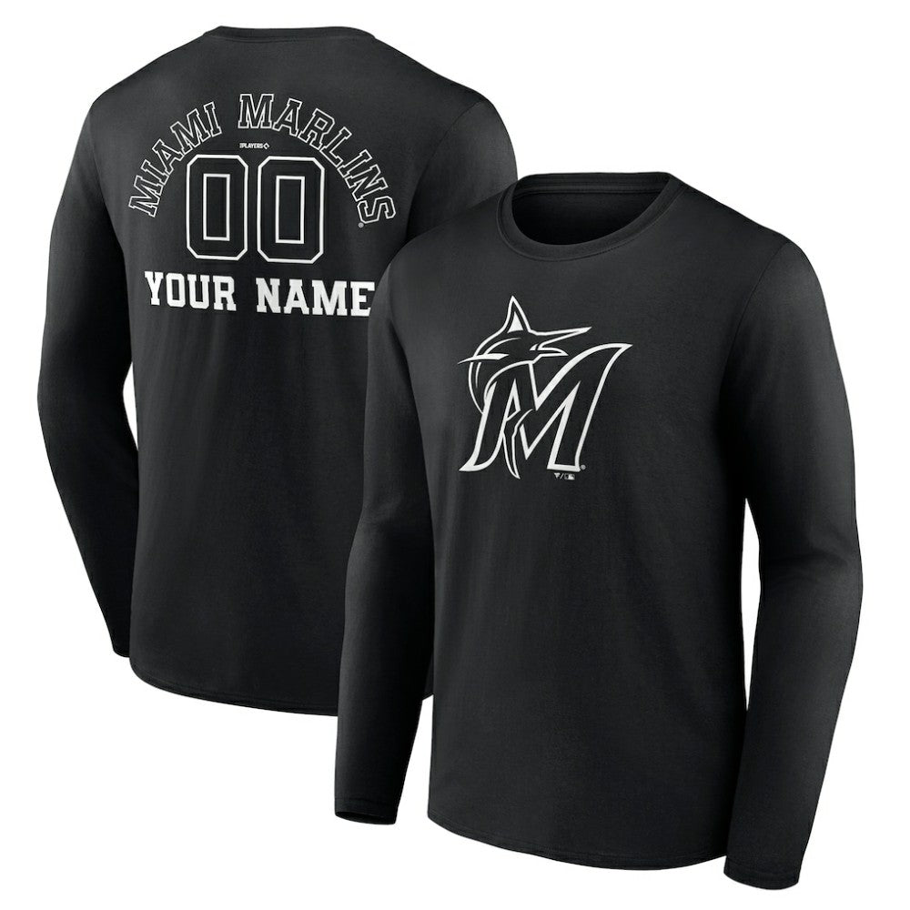 Black Miami Marlins Monochrome Personalized Name & Number Long Sleeve T-Shirt