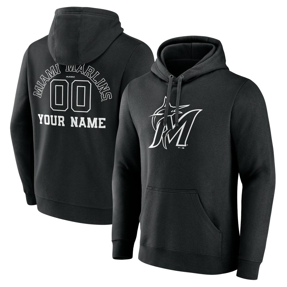 Black Miami Marlins Monochrome Personalized Name & Number Pullover Hoodie