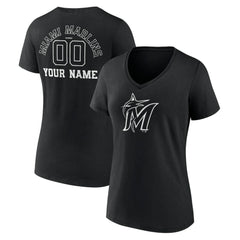 Black Miami Marlins Women's Monochrome Personalized Name & Number V-Neck T-Shirt