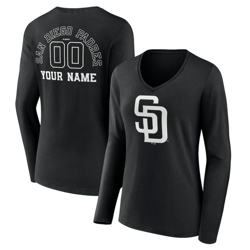 Black San Diego Padres Women's Monochrome Personalized Name & Number Long Sleeve V-Neck T-Shirt