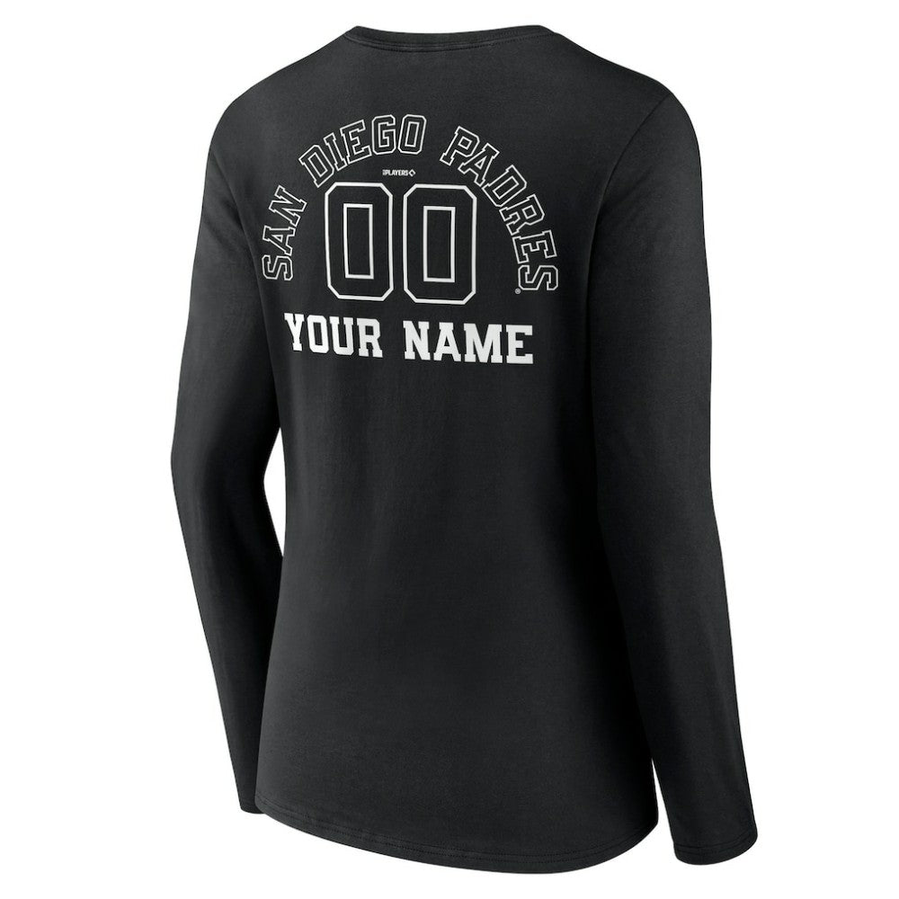 Black San Diego Padres Women's Monochrome Personalized Name & Number Long Sleeve V-Neck T-Shirt