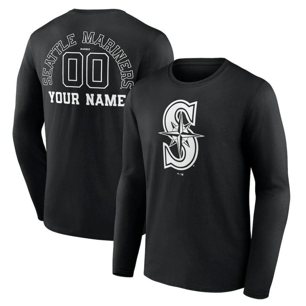 Black Seattle Mariners Monochrome Personalized Name & Number Long Sleeve T-Shirt