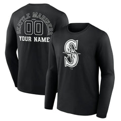 Black Seattle Mariners Monochrome Personalized Name & Number Long Sleeve T-Shirt