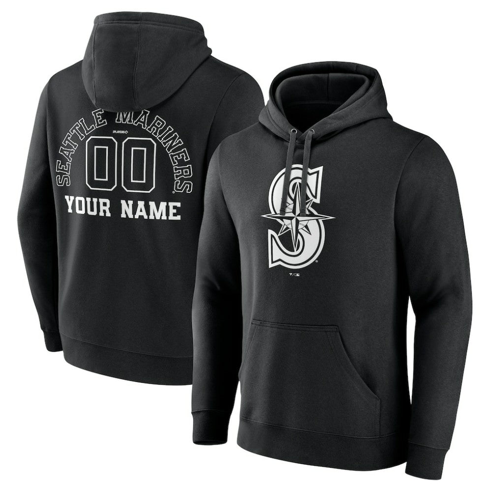 Black Seattle Mariners Monochrome Personalized Name & Number Pullover Hoodie