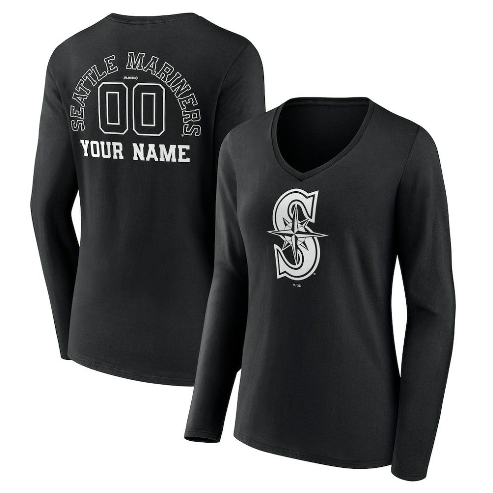 Black Seattle Mariners Women's Monochrome Personalized Name & Number Long Sleeve V-Neck T-Shirt