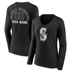 Black Seattle Mariners Women's Monochrome Personalized Name & Number Long Sleeve V-Neck T-Shirt