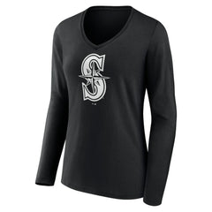 Black Seattle Mariners Women's Monochrome Personalized Name & Number Long Sleeve V-Neck T-Shirt