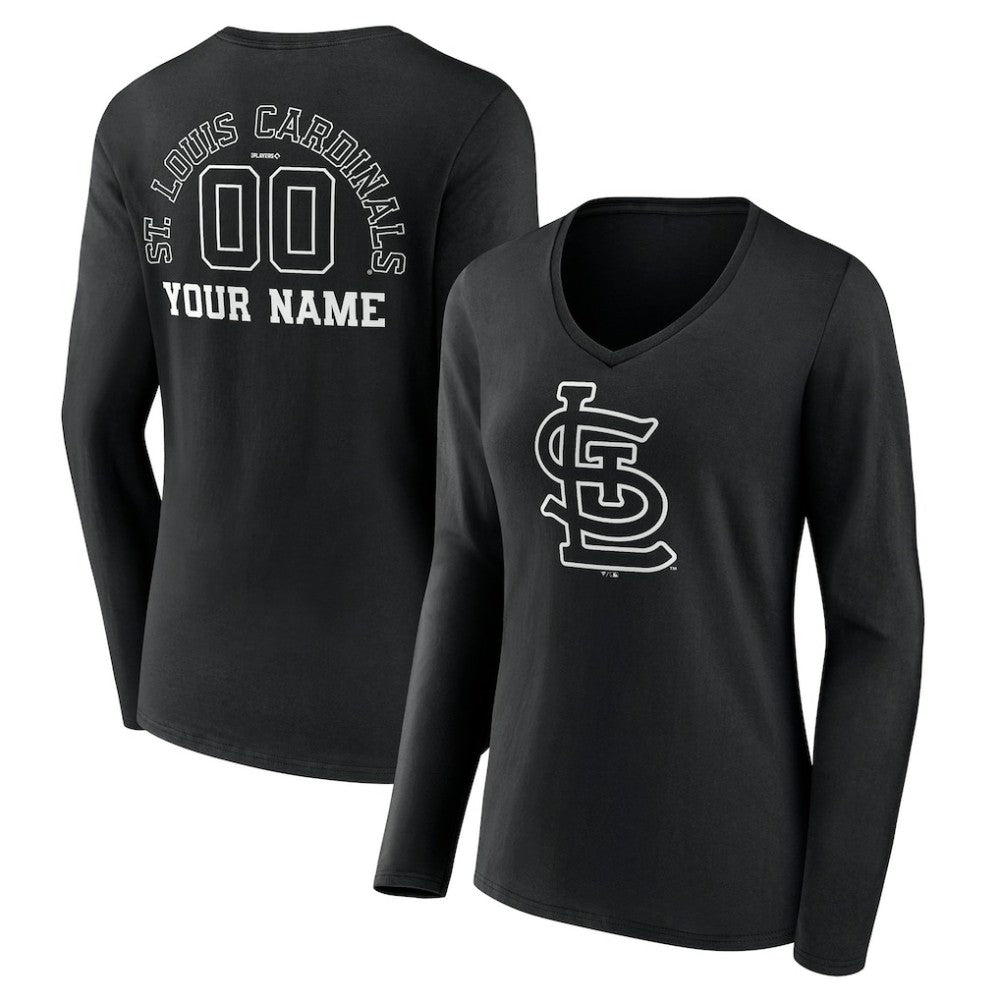 Black St. Louis Cardinals Women's Monochrome Personalized Name & Number Long Sleeve V-Neck T-Shirt