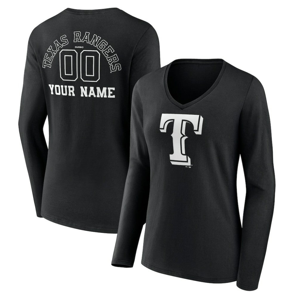 Black Texas Rangers Women's Monochrome Personalized Name & Number Long Sleeve V-Neck T-Shirt
