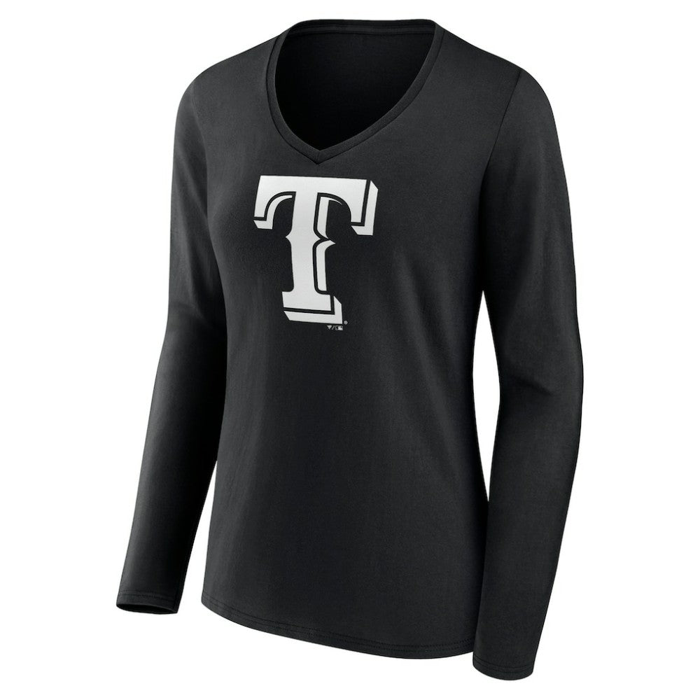 Black Texas Rangers Women's Monochrome Personalized Name & Number Long Sleeve V-Neck T-Shirt