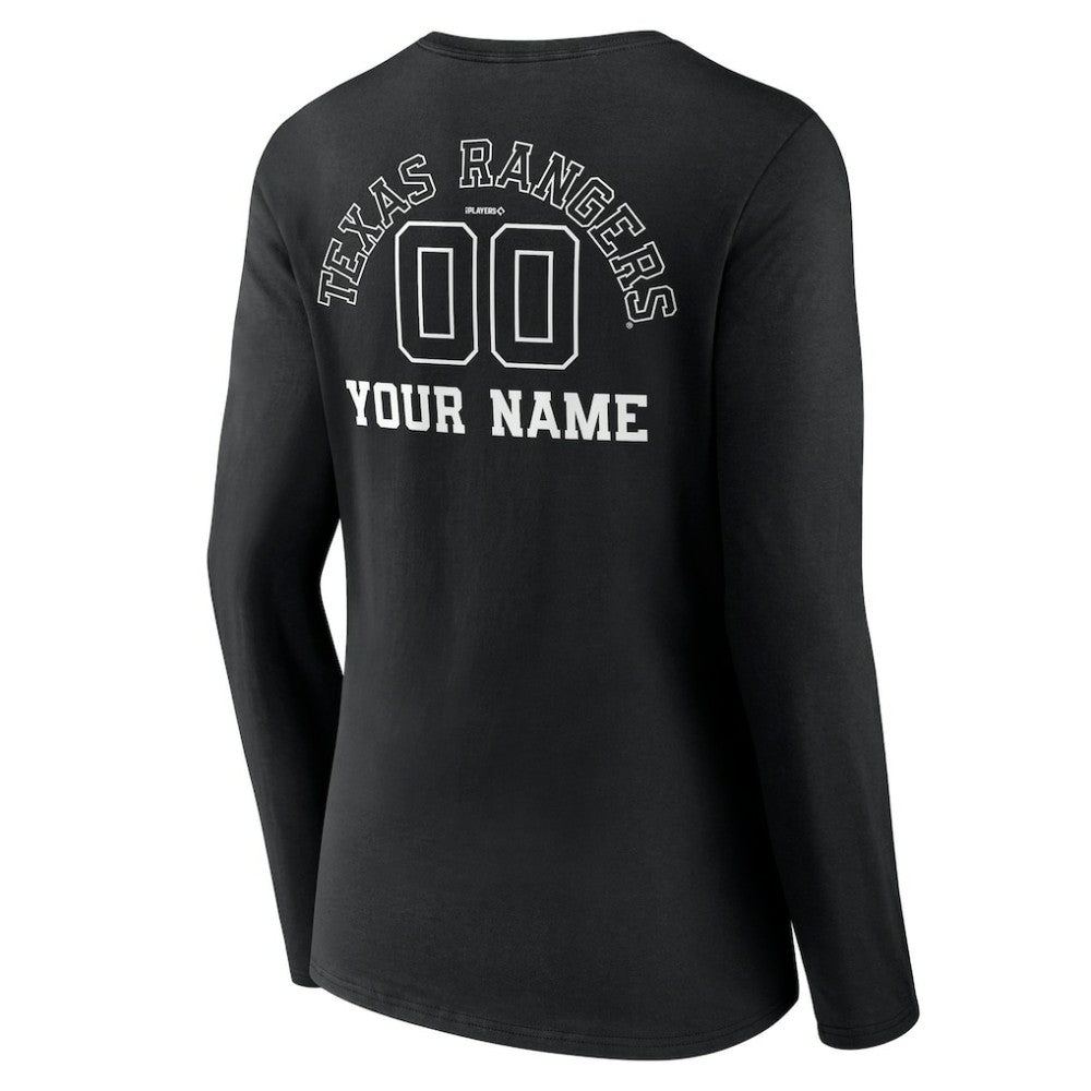 Black Texas Rangers Women's Monochrome Personalized Name & Number Long Sleeve V-Neck T-Shirt
