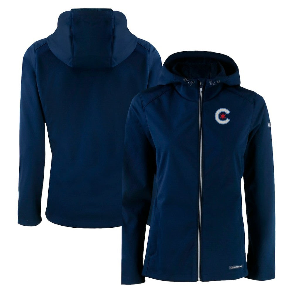 Navy Chicago Cubs Cutter & Buck Women's City Connect Evoke Eco Softshell Recycled Full-Zip Hoodie Jacket