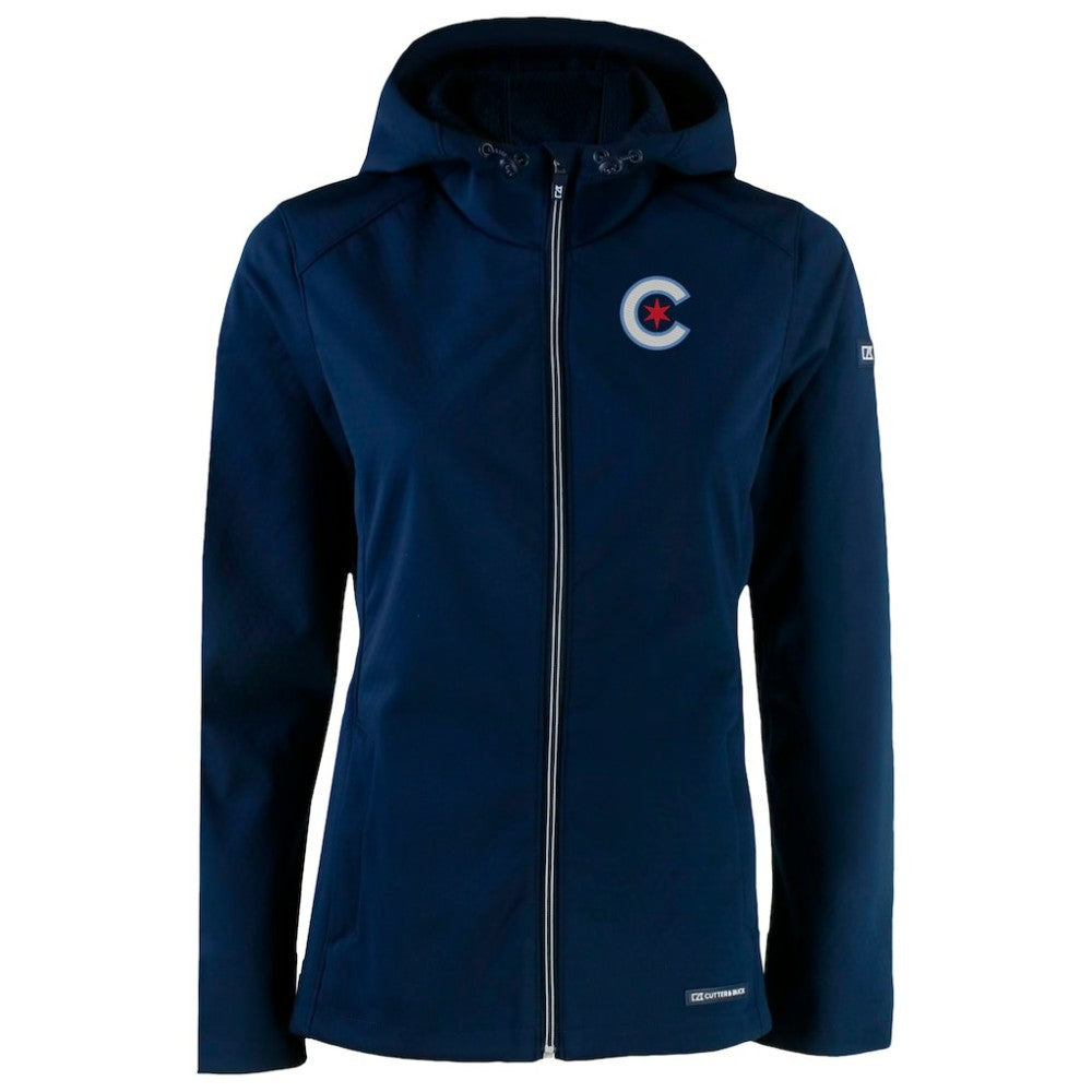 Navy Chicago Cubs Cutter & Buck Women's City Connect Evoke Eco Softshell Recycled Full-Zip Hoodie Jacket