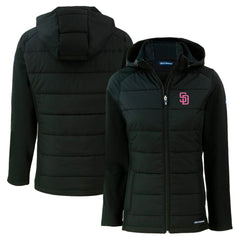 Black San Diego Padres Cutter & Buck Women's City Connect Evoke Hybrid Eco Softshell Recycled Full-Zip Hoodie Jacket