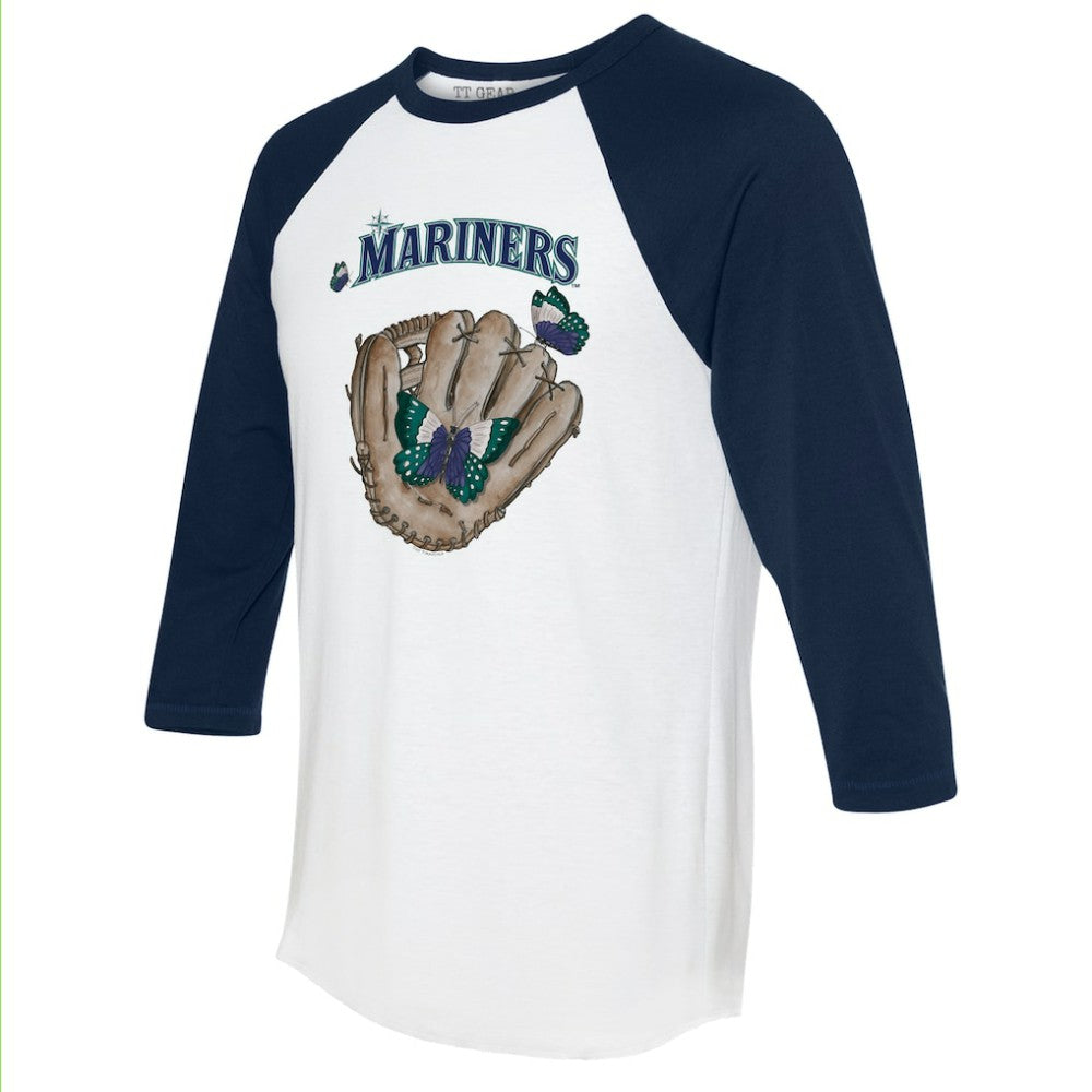 White/Navy Seattle Mariners Tiny Turnip Unisex Butterfly Glove 3/4-Sleeve Raglan T-Shirt