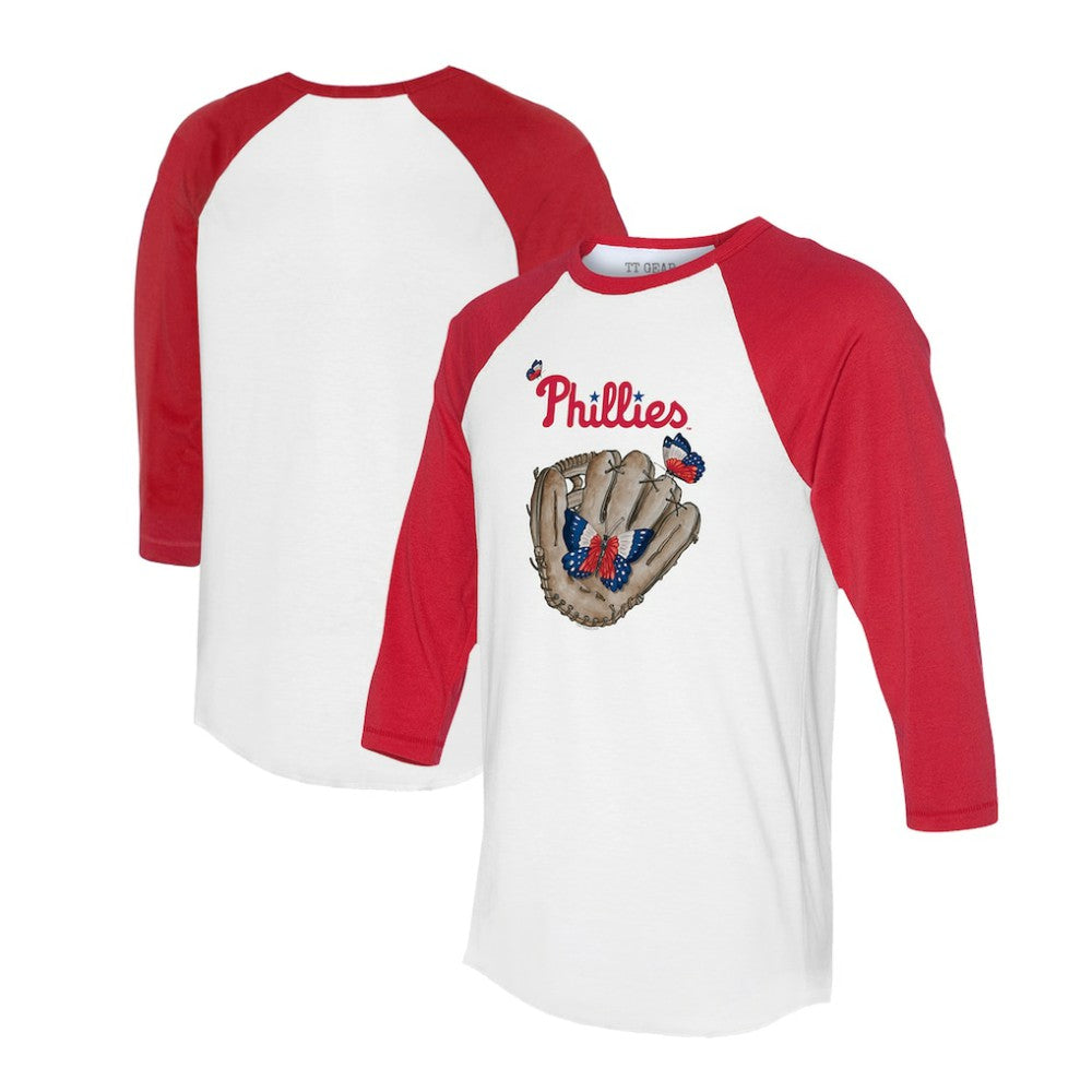 White/Red Philadelphia Phillies Tiny Turnip Unisex Butterfly Glove 3/4-Sleeve Raglan T-Shirt