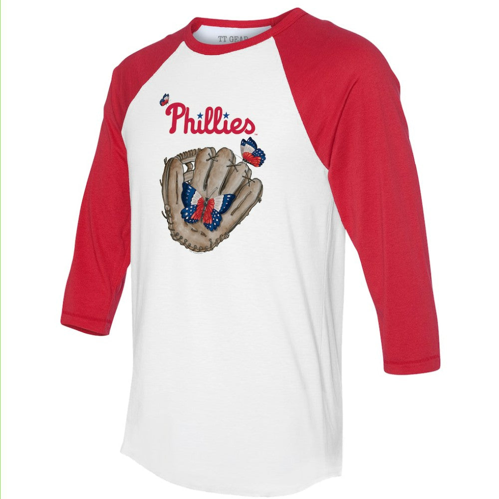 White/Red Philadelphia Phillies Tiny Turnip Unisex Butterfly Glove 3/4-Sleeve Raglan T-Shirt