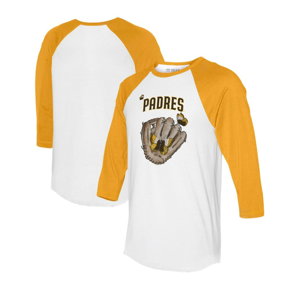 White/Gold San Diego Padres Tiny Turnip Unisex Butterfly Glove 3/4-Sleeve Raglan T-Shirt
