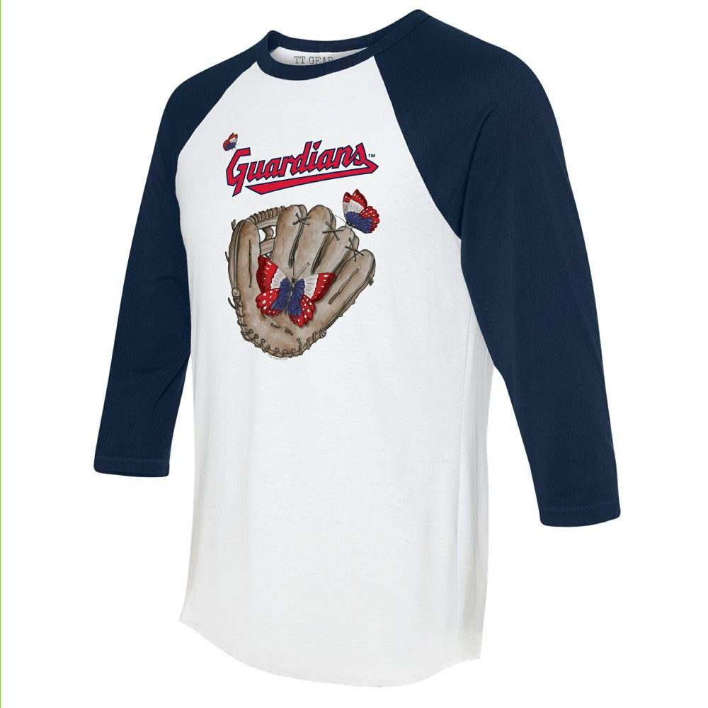 White/Navy Cleveland Guardians Tiny Turnip Unisex Butterfly Glove 3/4-Sleeve Raglan T-Shirt
