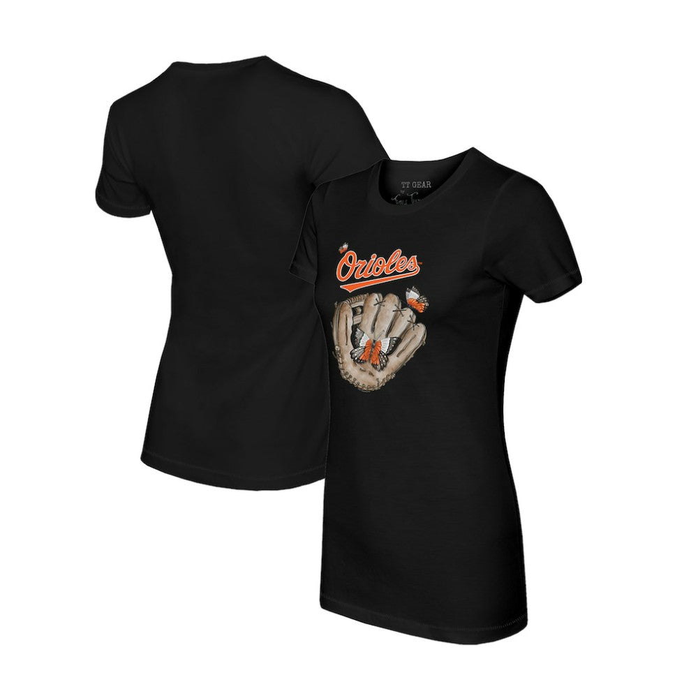 Black Baltimore Orioles Tiny Turnip Women's Butterfly Glove T-Shirt
