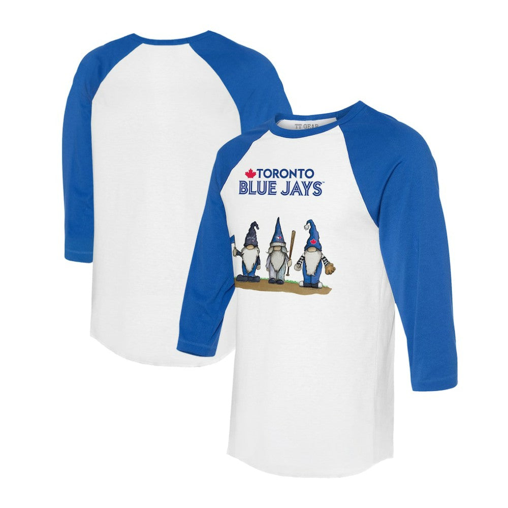 White/Royal Toronto Blue Jays Tiny Turnip Unisex Gnomes 3/4-Sleeve Raglan T-Shirt