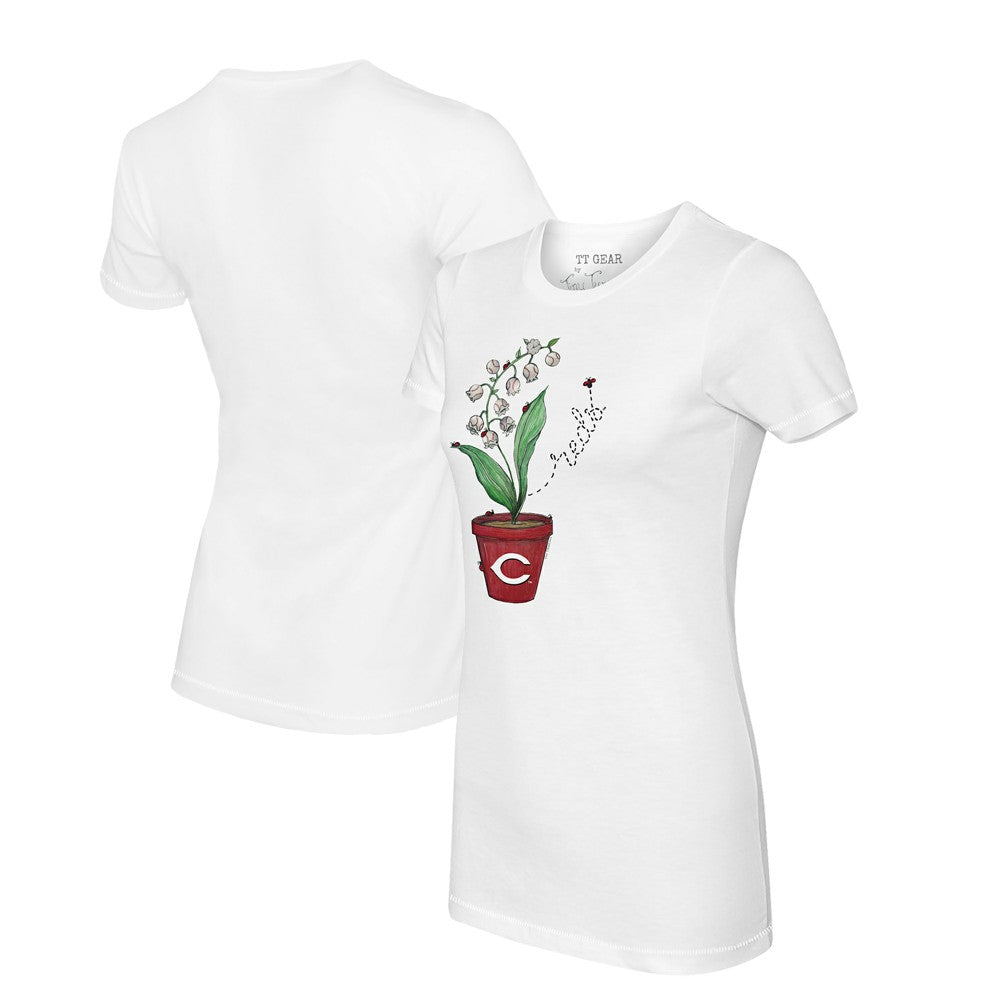 White Cincinnati Reds Tiny Turnip Women's Lilies & Ladybugs T-Shirt
