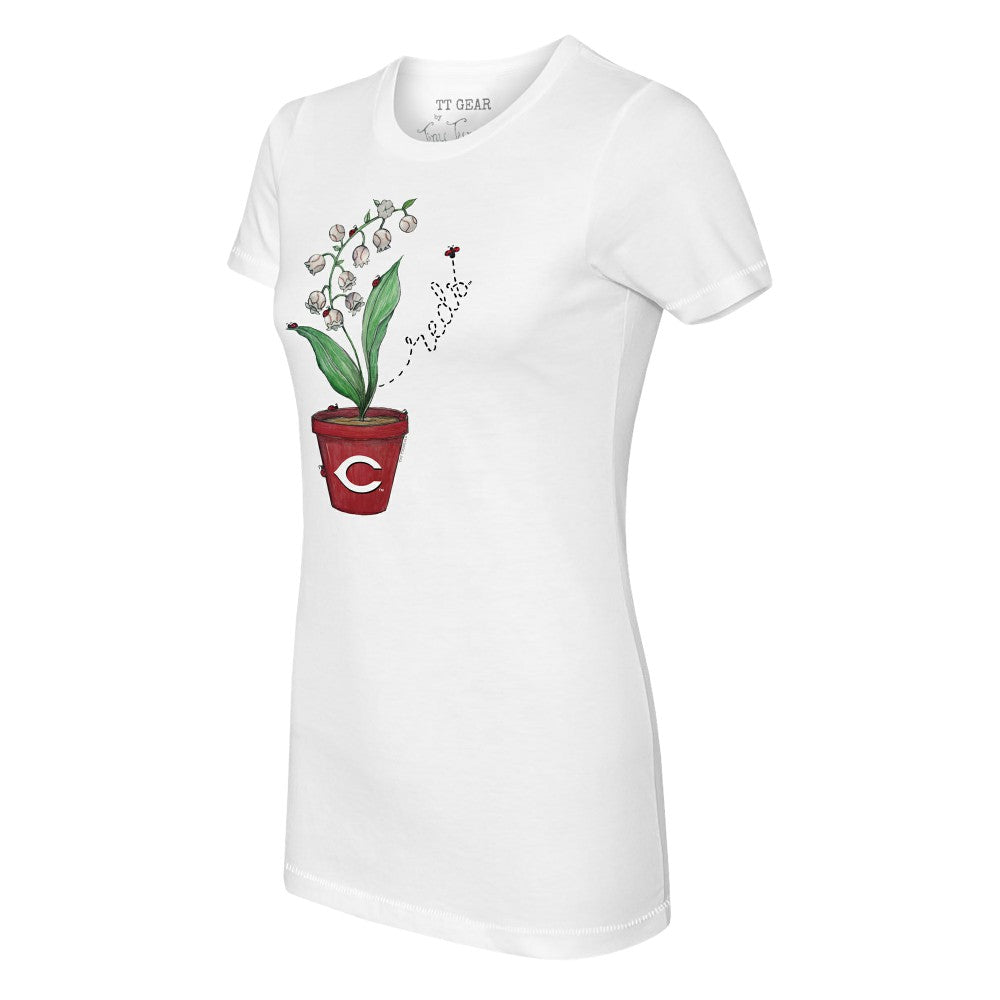 White Cincinnati Reds Tiny Turnip Women's Lilies & Ladybugs T-Shirt