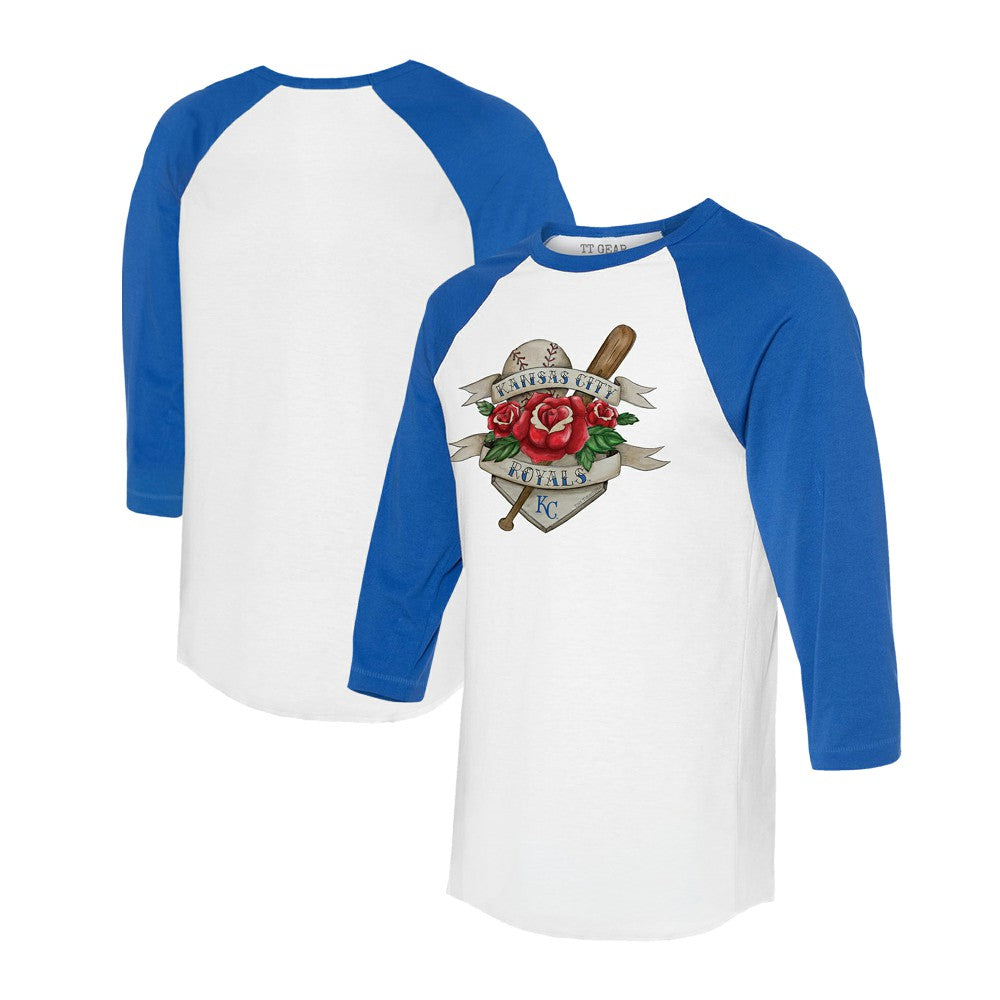 White/Royal Kansas City Royals Tiny Turnip Unisex Tattoo Rose 3/4-Sleeve Raglan T-Shirt
