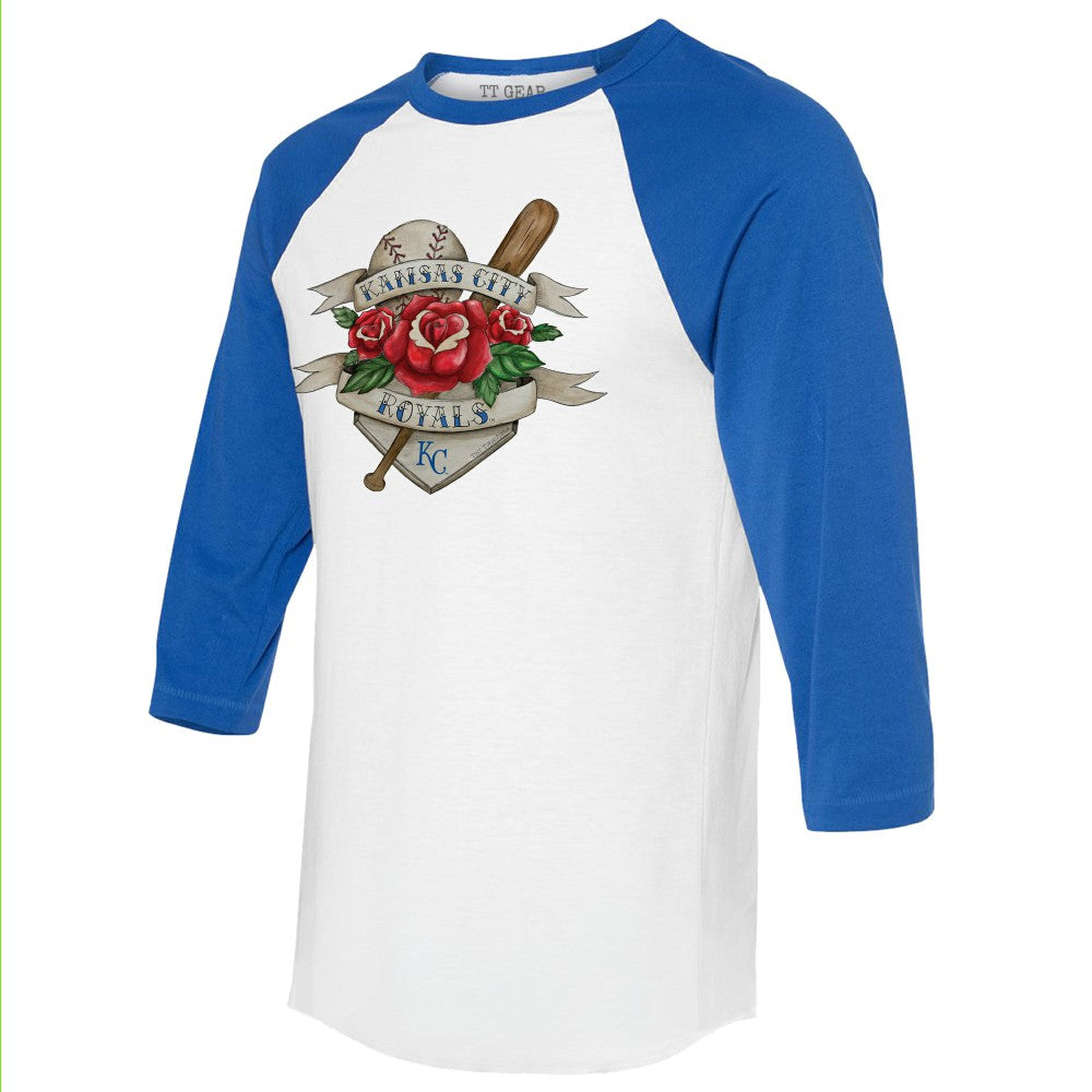 White/Royal Kansas City Royals Tiny Turnip Unisex Tattoo Rose 3/4-Sleeve Raglan T-Shirt