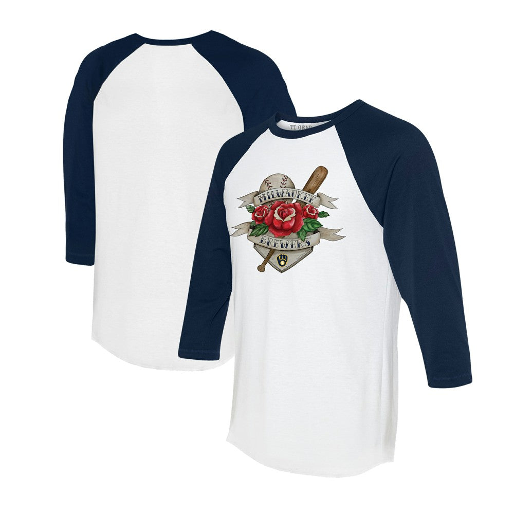 White/Navy Milwaukee Brewers Tiny Turnip Unisex Tattoo Rose 3/4-Sleeve Raglan T-Shirt