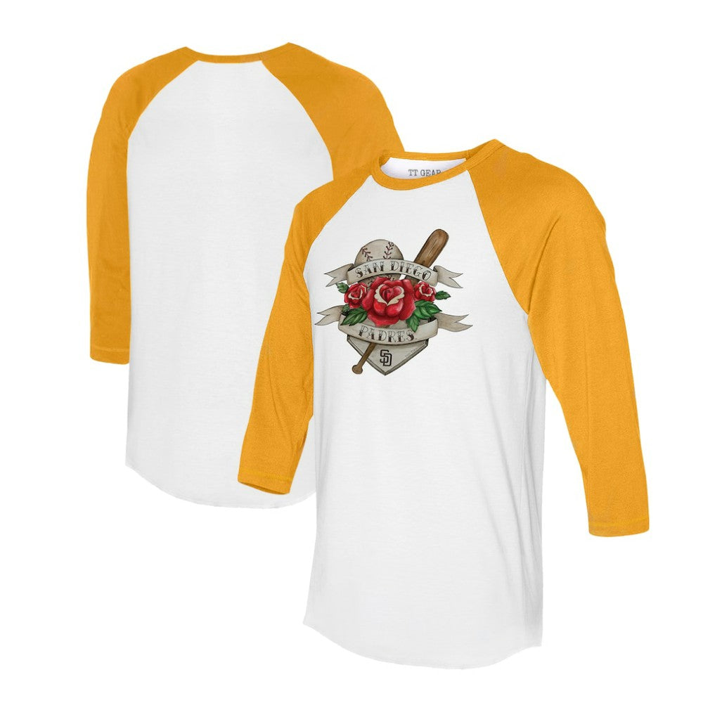 White/Gold San Diego Padres Tiny Turnip Unisex Tattoo Rose 3/4-Sleeve Raglan T-Shirt