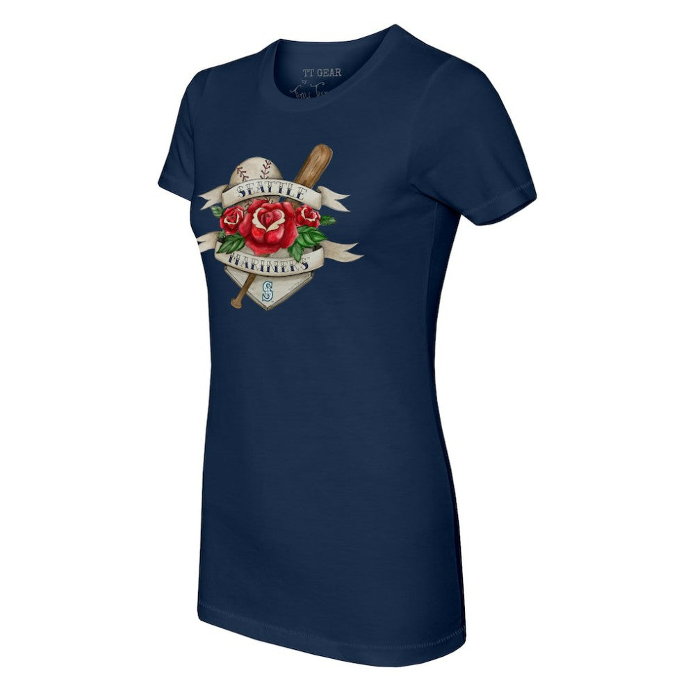 Navy Seattle Mariners Tiny Turnip Women's Tattoo Rose T-Shirt