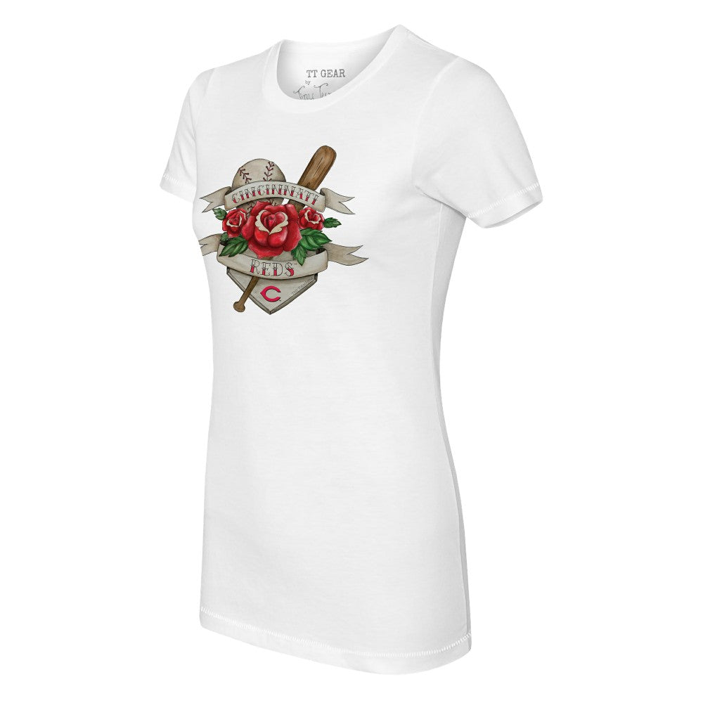 White Cincinnati Reds Tiny Turnip Women's Tattoo Rose T-Shirt