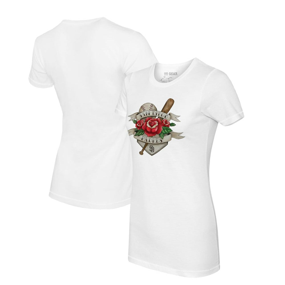 White San Diego Padres Tiny Turnip Women's Tattoo Rose T-Shirt