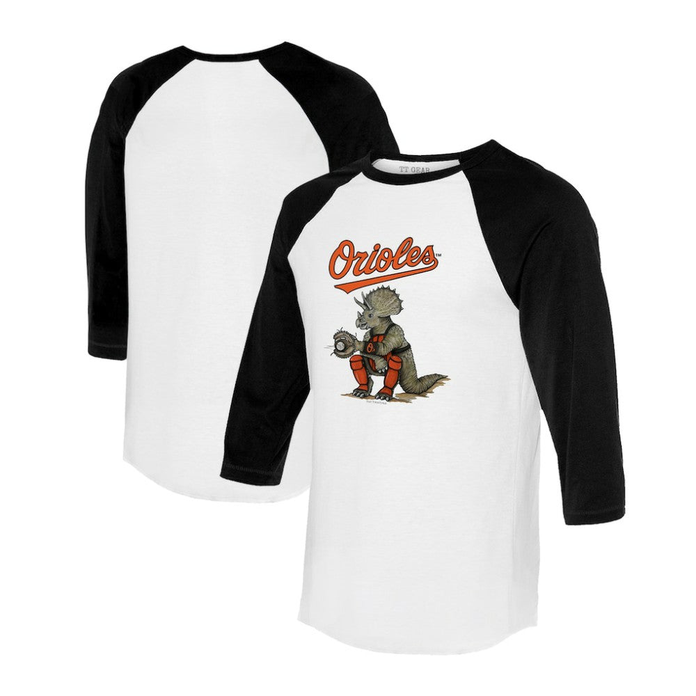 White/Black Baltimore Orioles Tiny Turnip Unisex Triceratops 3/4-Sleeve Raglan T-Shirt