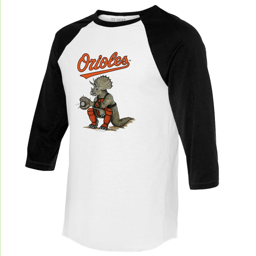 White/Black Baltimore Orioles Tiny Turnip Unisex Triceratops 3/4-Sleeve Raglan T-Shirt