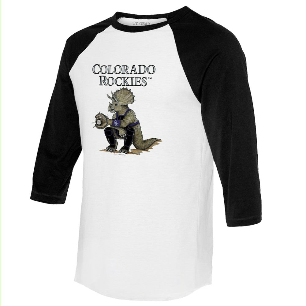 White/Black Colorado Rockies Tiny Turnip Unisex Triceratops 3/4-Sleeve Raglan T-Shirt