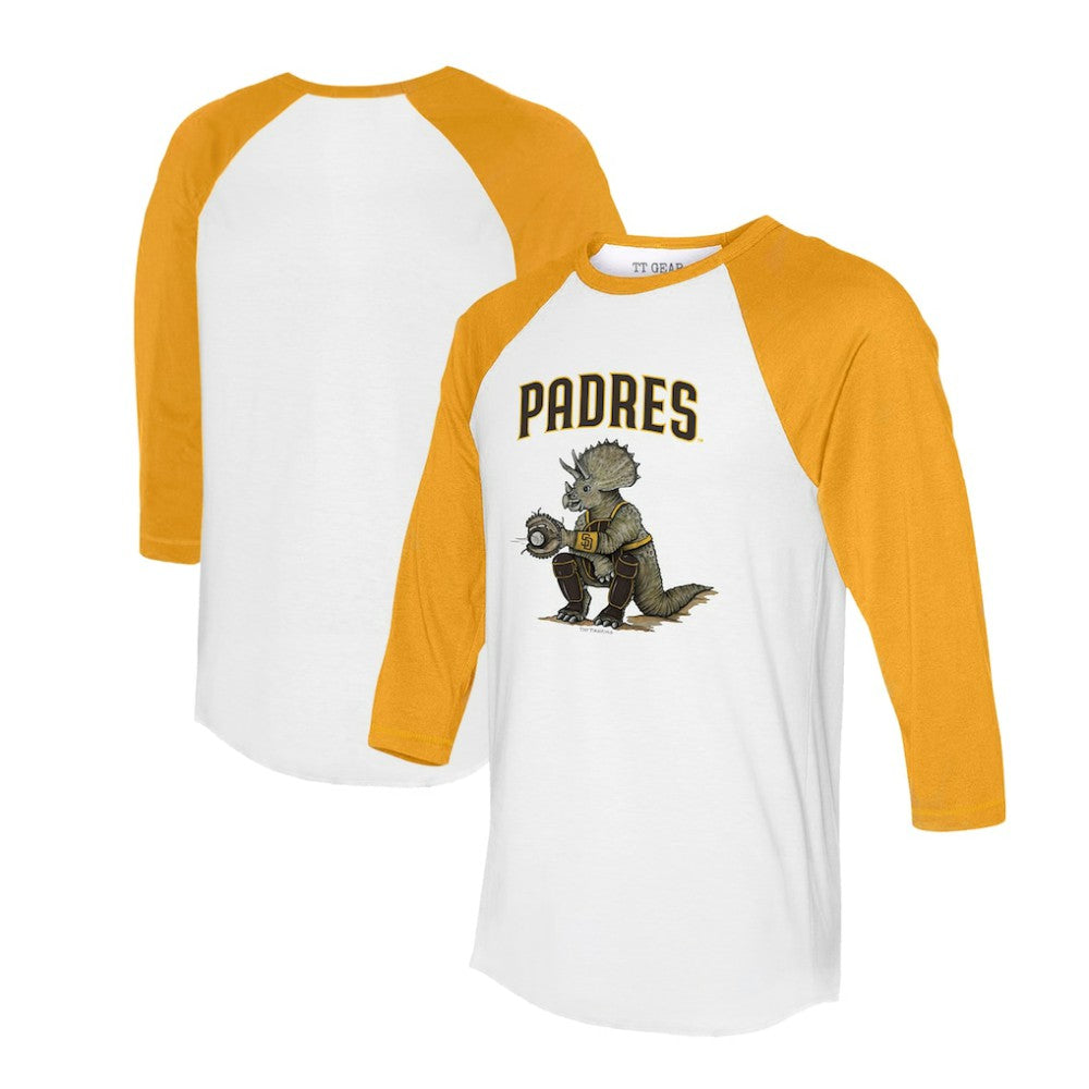 White/Gold San Diego Padres Tiny Turnip Unisex Triceratops 3/4-Sleeve Raglan T-Shirt